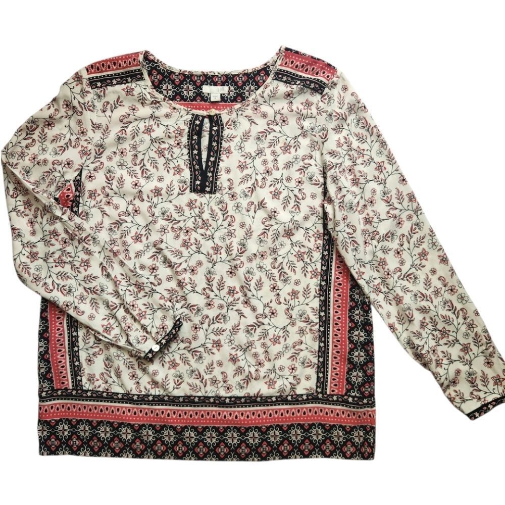 J. Jill Women Tunic Blouse Top Neck Floral White Pink Long Sleeve Size M - Picture 5 of 13